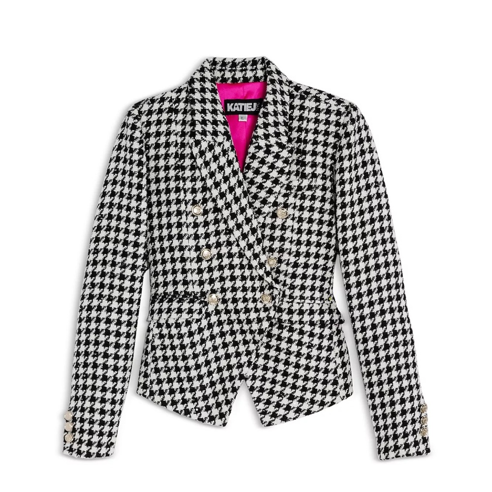 KATIE J NYC Victoria Boucle Jacket in Black & White Houndstooth Size Medium NWT
